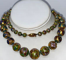 VTG Asian Cloisonne Necklace Round Jumbo Bead Gold Floral Green Red Blue Enamel 