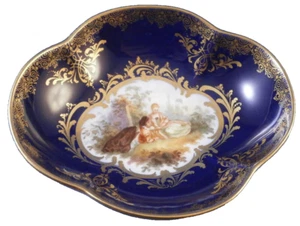 Antique 19thC Meissen Porcelain Cobalt & Gold & Watteau Scene Saucer Porzellan - Picture 1 of 7