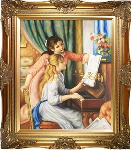 La Pastiche junge Mädchen am Klavier mit viktorianischem gerahmtem Ölgemälde, 32x28 - Bild 1 von 5
