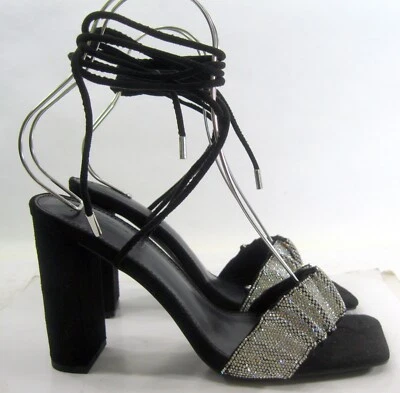 NEW LILIANA Black/SILVER 4.5"Block Heel Open Toe Lace Up Tie Shoes WOMEN Size 9 - Image 1 of 4