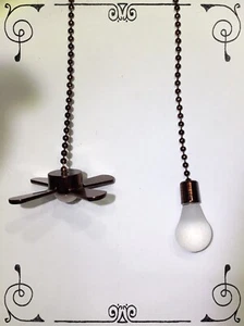 Handcrafted Miniature Fan Light Bulb Brown Wood Grain Theme Ceiling Fan Pull Set - Picture 1 of 7