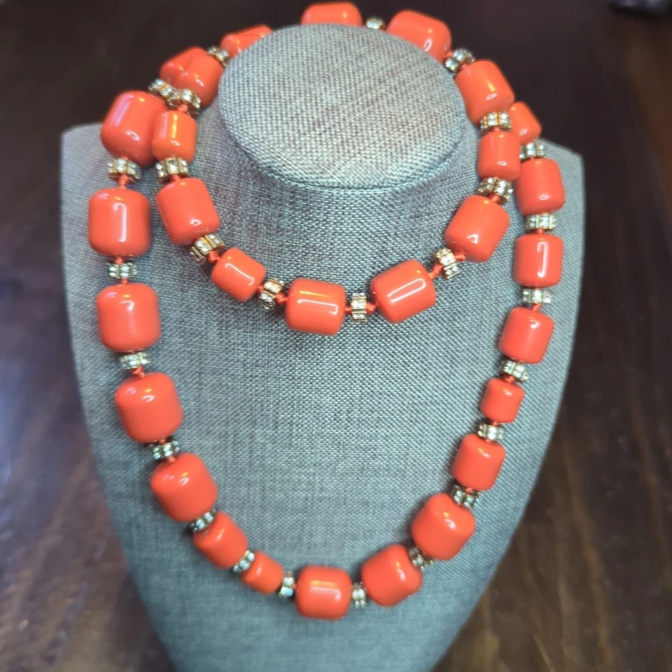 J. Crew Vintage Graduated Beaded Rhinestone Knotted Necklace Orange 30" - Image 1 of 4
