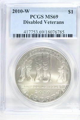 2010 W UNCIRCULATED $1.00 Silver Commemorative - Disabled Vets - PCGS MS 69 - Image 1 of 2