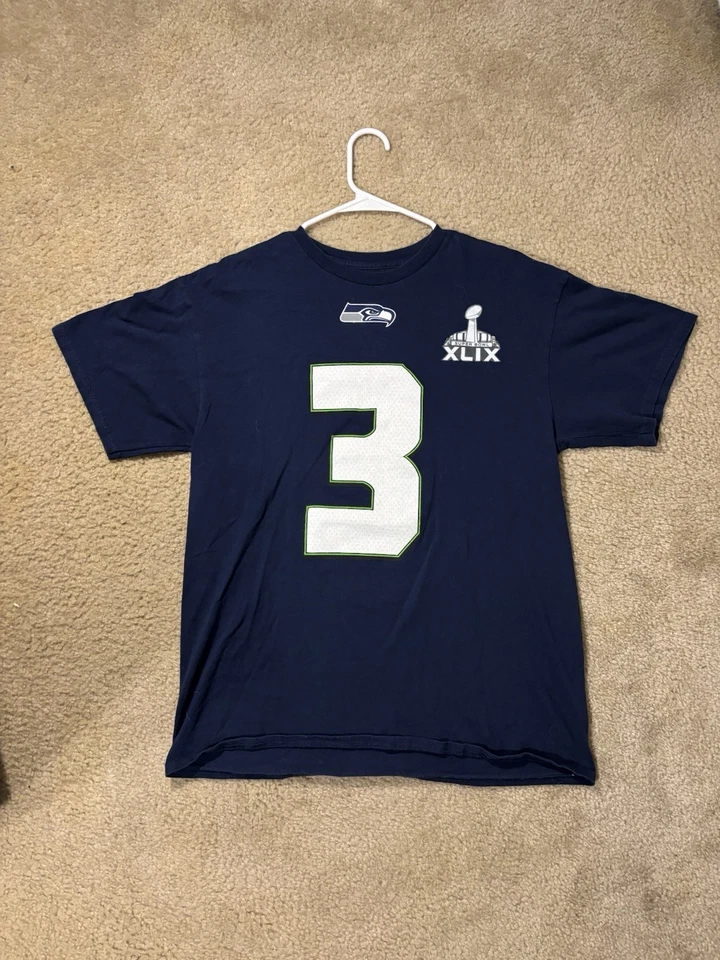 Camiseta Russell Wilson Seahawks Para Hombre Grande Super Bowl XLIX Azul Marino NFL Gráfico Camiseta Foto 1 de 4