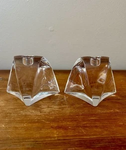 Coppia portacandele cristallo Nambe scultorea moderna vetro artistico trasparente pesante 3,25" - Foto 1 di 9