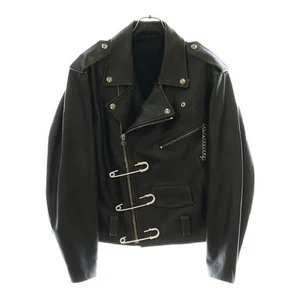 RAF SIMONS 20AW Biker Jacket with Safety Pin 46 Black Leather Double Riders Used - Picture 1 of 8