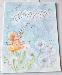 Vintage Greeting Card Blank Thank You Pixie Blowing Glittery Dandelion Fluff - Picture 1 of 2
