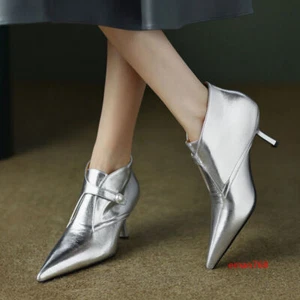 Women's Pointed Toe Fashion Real Leather Kitten Heel Booties Low Top Ankle Boots - Picture 1 of 16