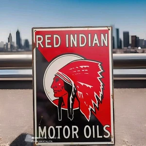 Not Porcelain Red Indian Motor oil Enamel Sign Size 50cm x 24cm Vintage Design - Picture 1 of 24