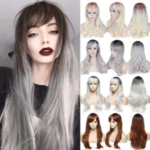 Ombre Blonde Brown Black Full Wig With Fringe Bangs Heat Safe Girls Fancy Wigs Z - Picture 1 of 75