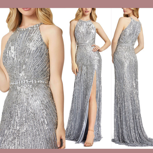 NWT $498 Mac Duggal [ 4 ] Halter Jewel Neckline Sequin Gown in Platinum #G1887