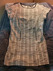 Sharagano Dress Stretch Tweed-like Black & White Short Sleeve, Zip Faux Pockets - Picture 1 of 9