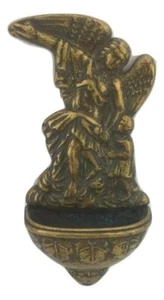 Acquasantiera con angelo in ottone anticato da muro parete appendere chiesa casa - Picture 1 of 1