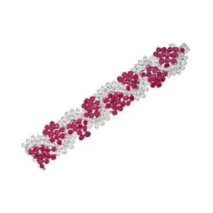 Oval Lab Burma Ruby Broad Bracelet 925 Sterling Silver Red Carpet Wear Jewelry - Picture 1 of 4