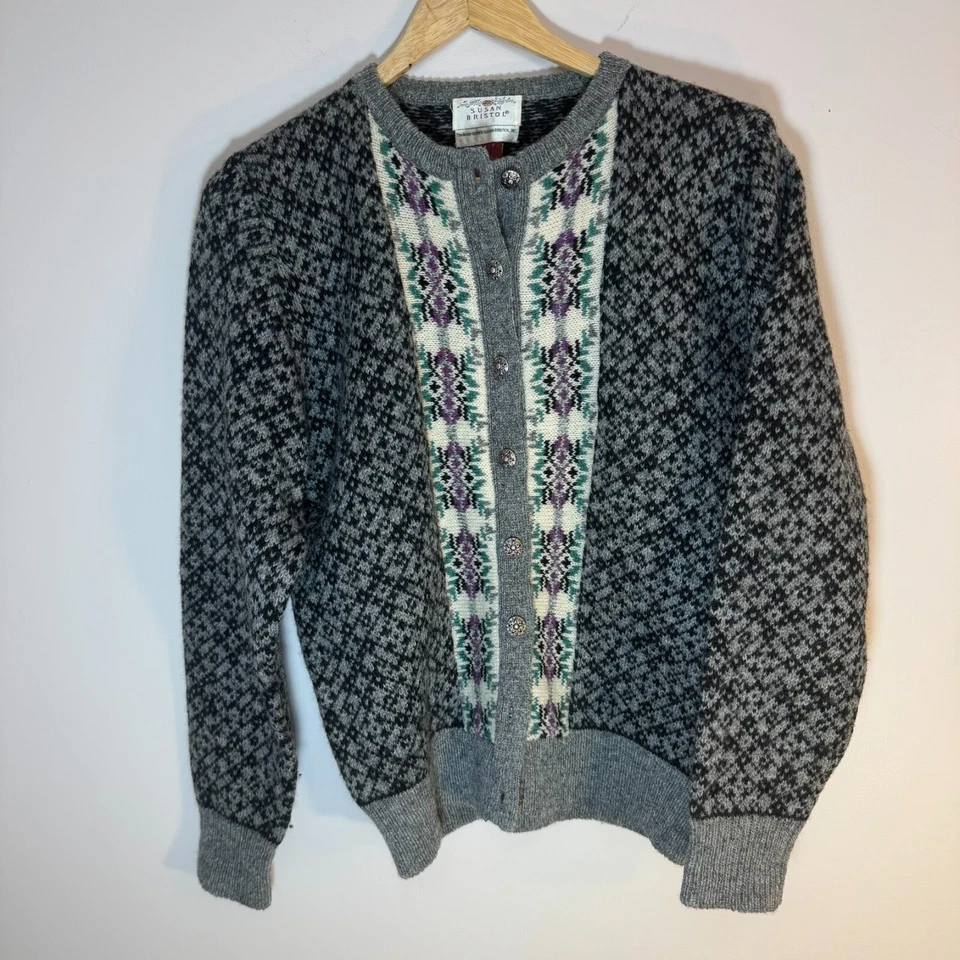 Cárdigan de lana vintage SUSAN BRISTOL AÑOS 90 gris/negro suéter floral - talla M Foto 1 de 4