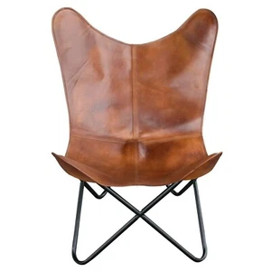 Vintage Genuine Leather Butterfly Relax Arm Sleeper Seat Lounge Folding Chair - Picture 1 of 9