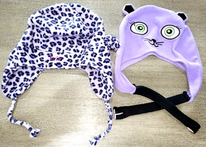 2 girls PURPLE FLEECE HATS 1 LANDS END LEOPARD LARGE CAT FACE 4T SOFT! EVIE ON 1 - Picture 1 of 1