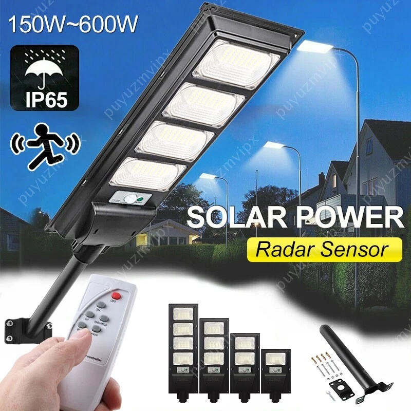 LED Solar Street Lights Waterproof Outdoor Sensor Dusk-to-Dawn Lamp Pole+Remote - Image 1 of 4