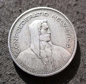 BIG OLD SILVER 5 FRANCS 1932 B COIN OF SWITZERLAND HELVETIA ~ WILHELM TELL Ag - Picture 1 of 2