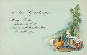 Blue Background Bunny Chick Wearing Hat Gold Border Easter Greetings Postcard - Picture 1 of 2