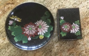 Vintage Brass Cloisonne Enamel Match Box Holder & Dish Black Lotus Flower China - Picture 1 of 8
