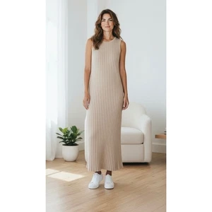 Bobbles & Lace Ribbed Knit Maxi Dress Sleeveless Casual Everyday Neutral - Picture 1 of 13