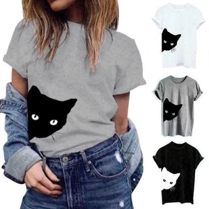 Short Sleeve Hipster Tops Blouse Cat Print T-shirt Women Summer Shirts Cotton - Picture 1 of 11