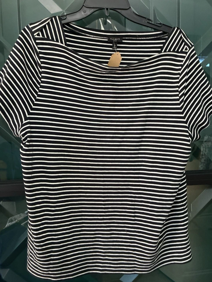 Top de manga corta Talbots negro blanco a rayas cuello barco para mujer - talla 2X Foto 1 de 3