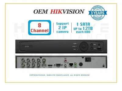HAWK EYE SURVEILLANCE Hikvision OEM DS-7208HQHI-K1(AR324-8) 8Ch HD-TVI 3MP DVR C,TVI/AHD/ANALOG/IP