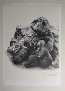 Robert Pow 1987 Grizzlybär Familie limitierte Auflage signierter Lithographiedruck - Bild 1 von 3