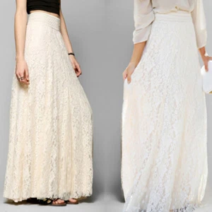 Damen Doppel Spitze Schicht Chiffon Plissee Lang Maxirock Blumen Knöchellang - Bild 1 von 13