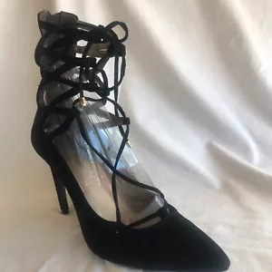 Schwarzes Wildleder Größe 9 Stiletto Criss Cross Design am Knöchelriemen & Reißverschluss vorne Schnürung - Bild 1 von 7