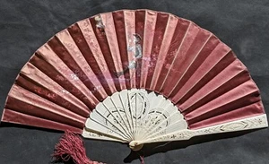 Antique Bovine Bone Sticks and Hand Painted Silk Hand Fan 10" H x 20" W - Picture 1 of 12