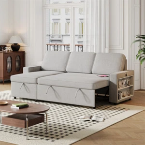 85.8" Pull Out Sleeper Sofa L-Shaped Couch Convertible Sofa Bed w/Storage Chaise - Picture 1 of 18