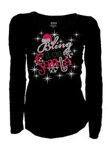 New Rhinestone T-Shirt,Bling Bling Christmas Bring it on Santa Long Sleeve S~4XL - Picture 1 of 1