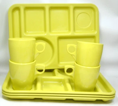 Set of 4 Vintage Arrowhead Ever Ware Divided Cafeteria Trays /Mugs Green MCM - Image 1 of 4
