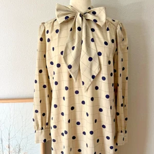vtg 70s blue grid polka dot midi shift bow dress minimalist romantic large beige - Picture 1 of 9
