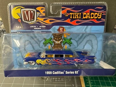 1959 CADILLAC SERIES 62 LIMOUSINE BLUE W/FLAMES 1/64 DIECAST M2 39100-HS04 - Image 1 of 4