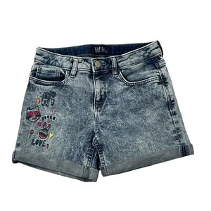 Gap Denim Jean Midi Shorts Love and Peace Embroidered Acid Wash Size 10 - Picture 1 of 4