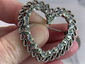 Ciondolo Spilla Argento San Valentino Cuore Filigrana Strass Vintage M-1851 - Foto 1 di 3
