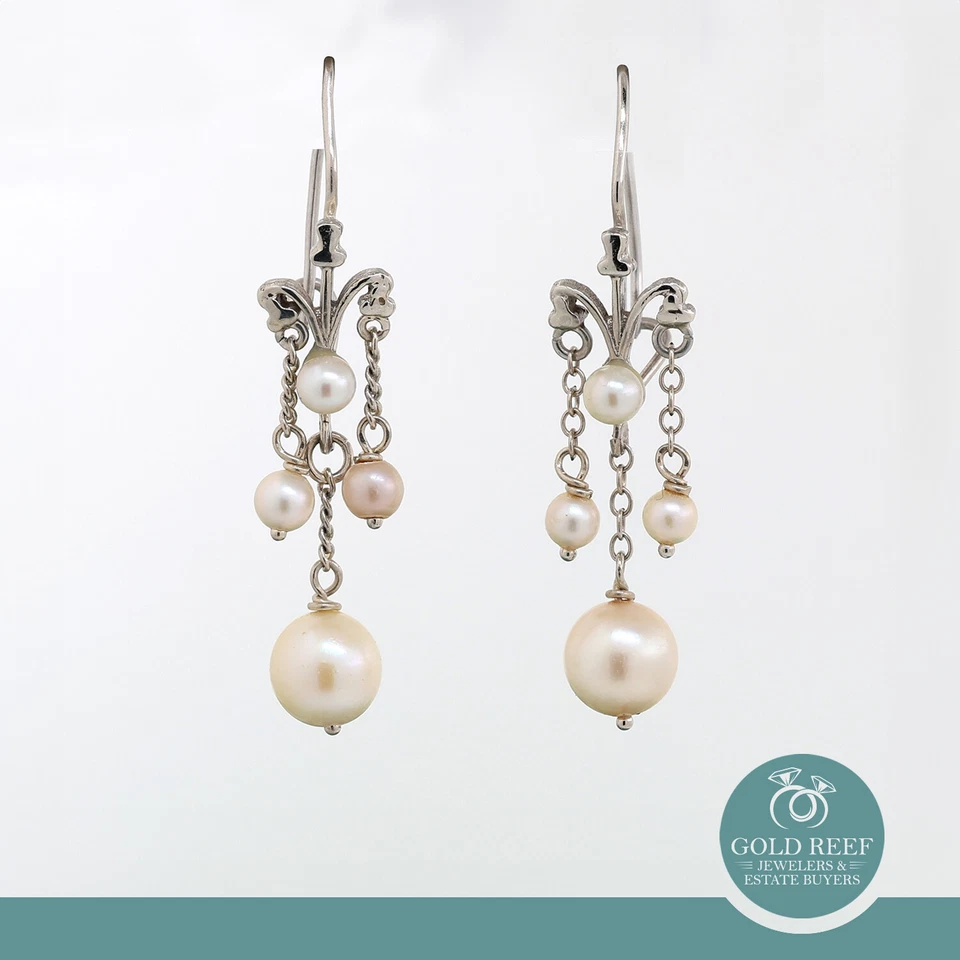Pendientes colgantes colgantes vintage de perlas de agua dulce de 3 hilos de oro blanco de 14 quilates de 1,50" Foto 1 de 4