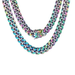 ROWIN&CO Collana Uomo 15mm Miami Maglia Cubana Catena Arcobaleno Acciaio Inox Curb... - Foto 1 di 9