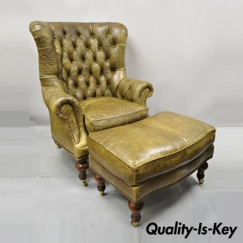Lilian August Brown Green Leather Tufted Chesterfield Club Lounge Chair Ottoman Cover
