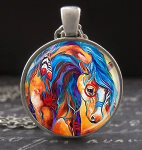 Painted Pony Necklace Men Women Girls Horse Pendant Glass Silver Jewelry Charm - Picture 1 of 17