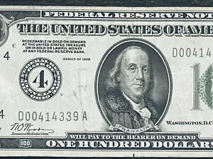 $100 Cleveland 1928 “REDEEMABLE IN GOLD” Federal Reserve Note. - Picture 1 of 3