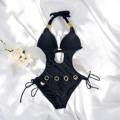 Negro Sexy Bikini Recortado de Una Pieza Ojales Dorados Corbata Lateral Playa Festival Y2K L Foto 1 de 4