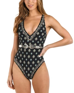 $358 L'Agence R2521 Lisa Western Plunge One Piece Swimsuit, Black, M NO BELT - Picture 1 of 10