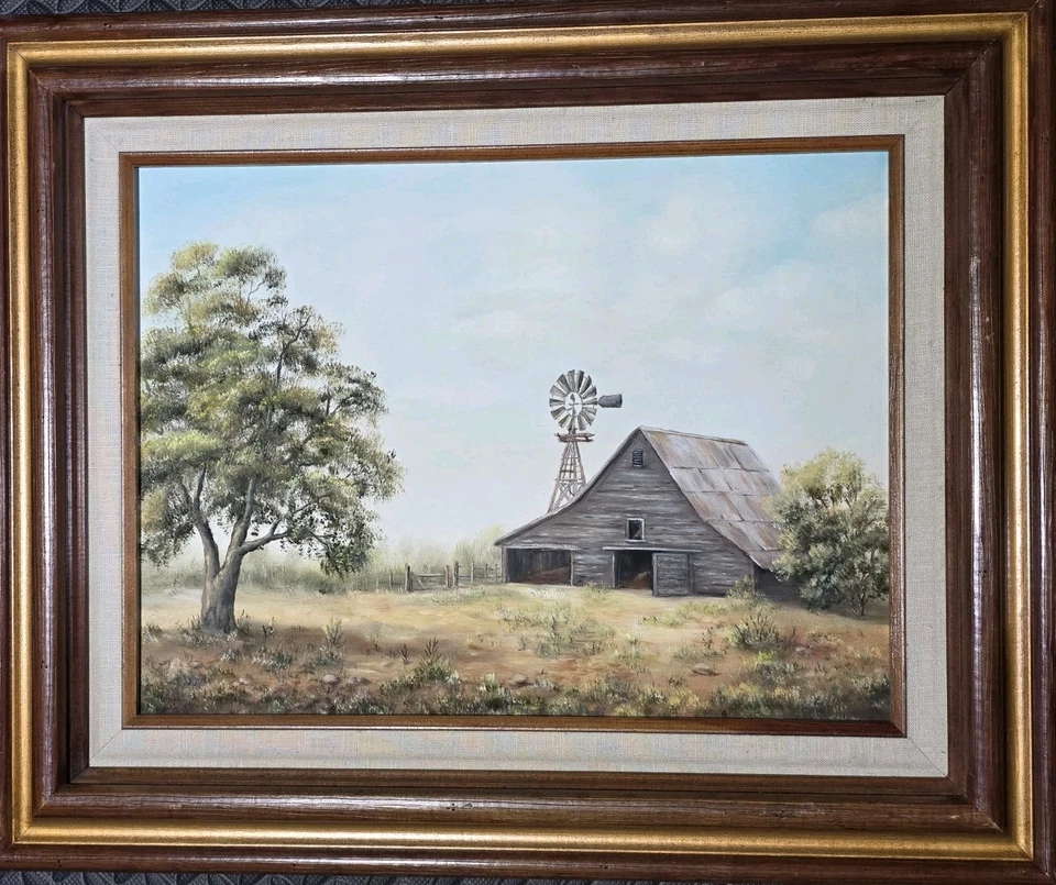Pintura al óleo sobre lienzo enmarcada de colección - Granero Texas Western Country Scene 12" x 16" Foto 1 de 2