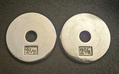 Pair of 2.5 Lb chrome Weight Plates Standard Size Barbell pro style Pancake 5lbs - Image 1 of 3