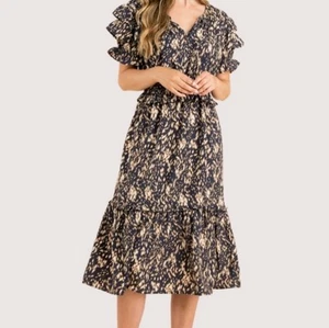 THML Blue Cream Printed Midi Dress Tiered Ruffled Puff Sleeve Tie Front Size S - Picture 1 of 14